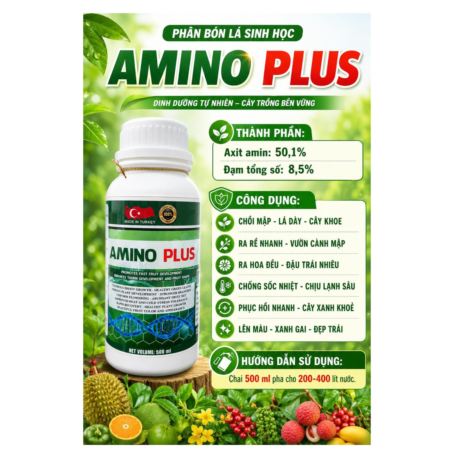 Phân bón lá sinh học AMINO PLUS Chai 500ml