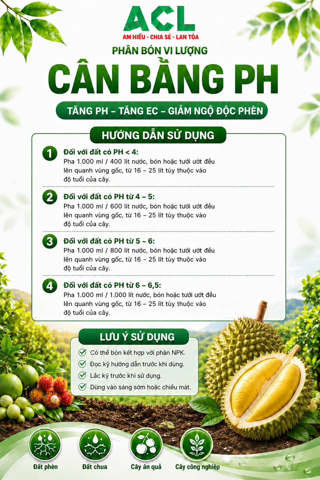 Hướng dẫn sử dụng Cân Bằng pH cho vườn sầu riêng theo từng mức pH đất